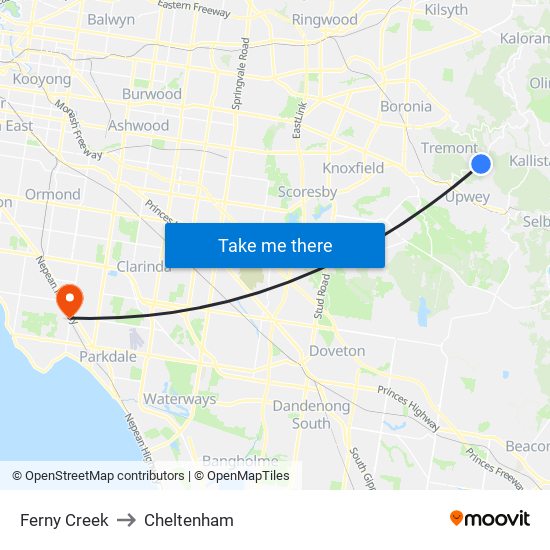 Ferny Creek to Cheltenham map