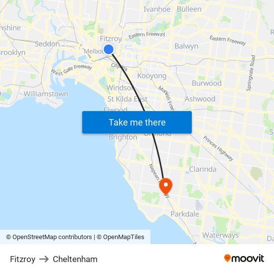 Fitzroy to Cheltenham map