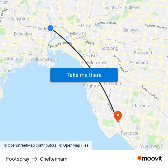 Footscray to Cheltenham map