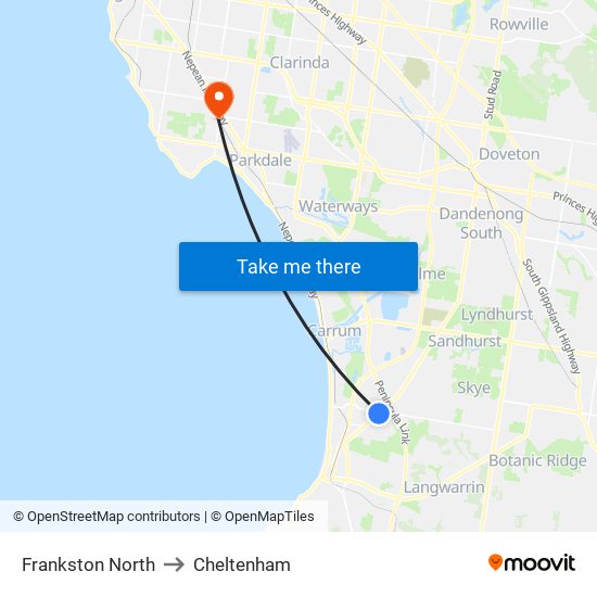 Frankston North to Cheltenham map