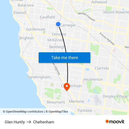 Glen Huntly to Cheltenham map