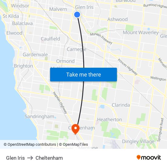 Glen Iris to Cheltenham map