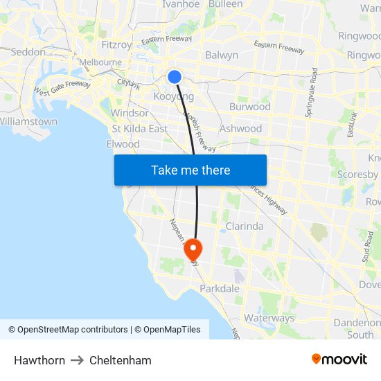 Hawthorn to Cheltenham map