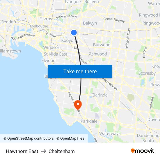 Hawthorn East to Cheltenham map