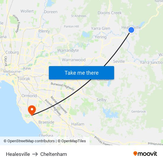 Healesville to Cheltenham map