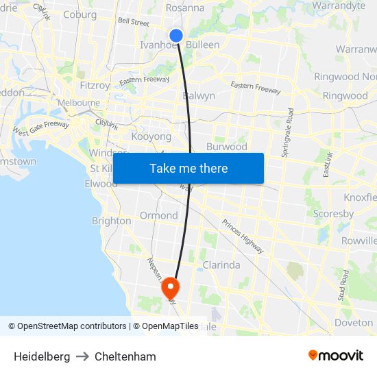 Heidelberg to Cheltenham map