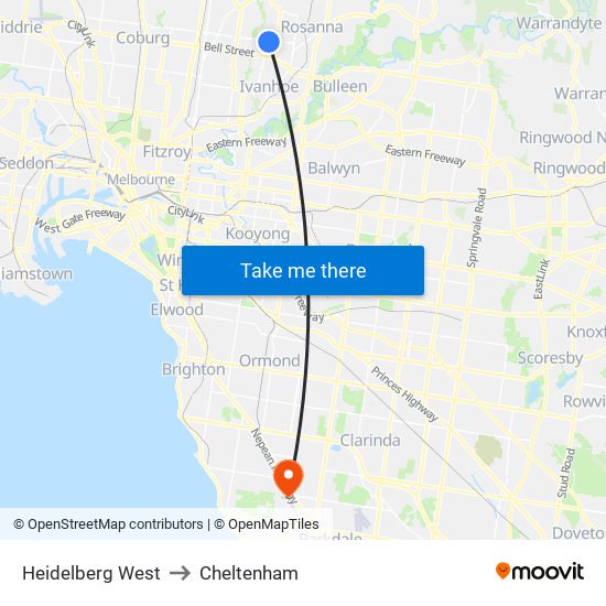 Heidelberg West to Cheltenham map