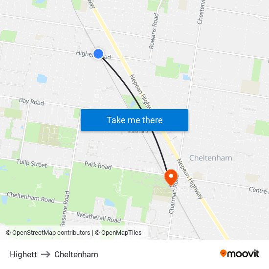 Highett to Cheltenham map