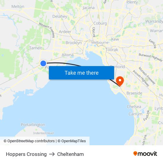 Hoppers Crossing to Cheltenham map