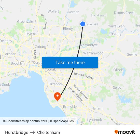 Hurstbridge to Cheltenham map