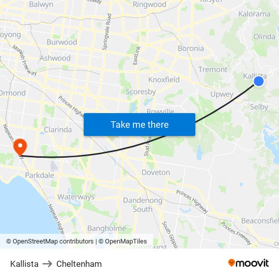 Kallista to Cheltenham map