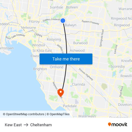 Kew East to Cheltenham map