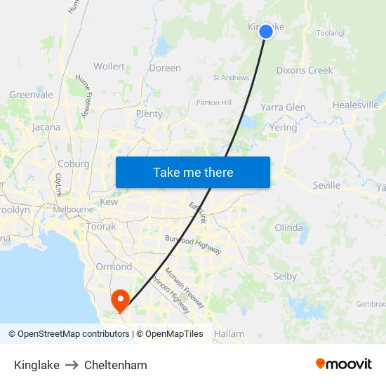 Kinglake to Cheltenham map