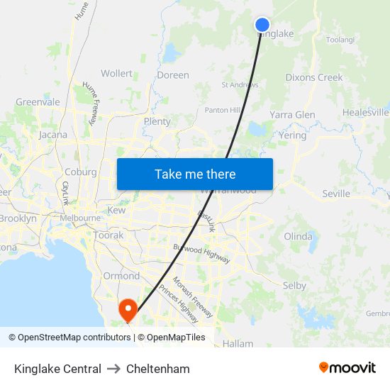 Kinglake Central to Cheltenham map