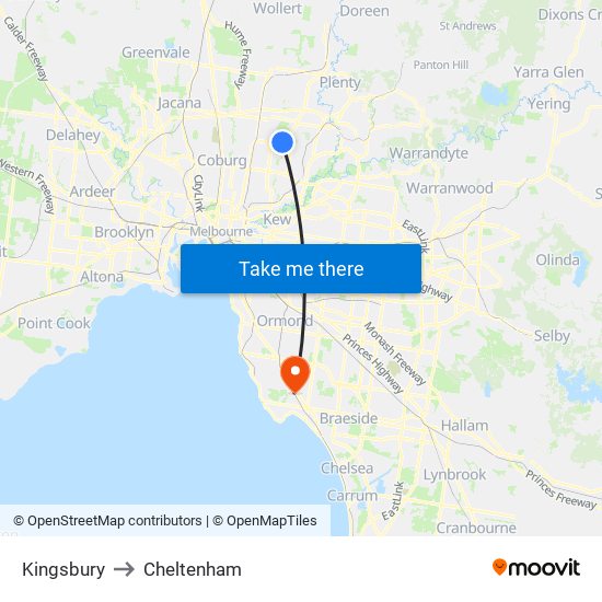 Kingsbury to Cheltenham map