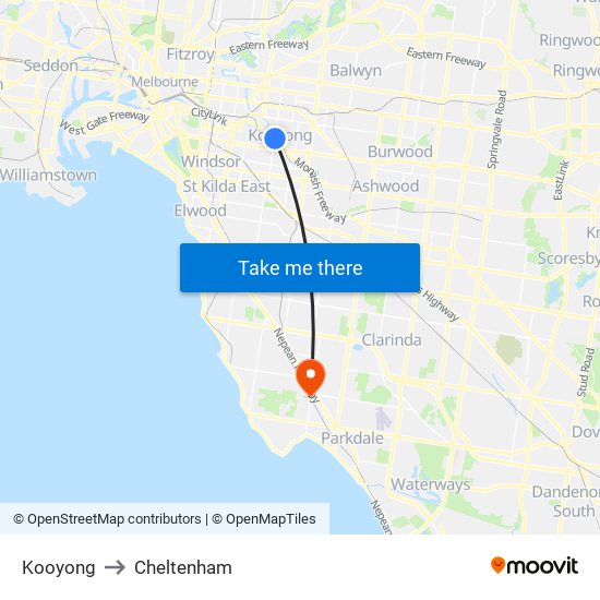 Kooyong to Cheltenham map