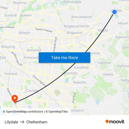 Lilydale to Cheltenham map