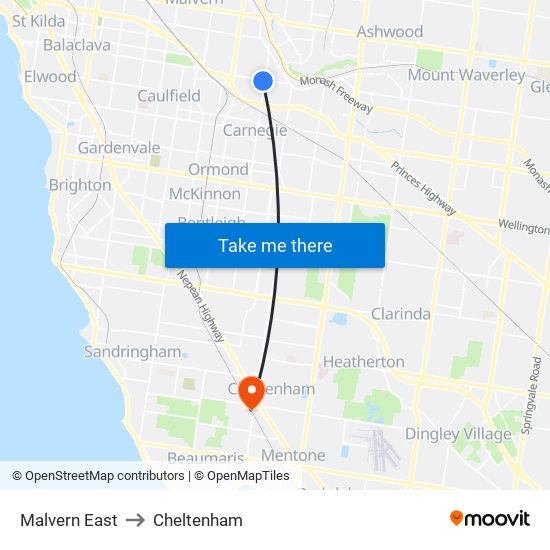 Malvern East to Cheltenham map