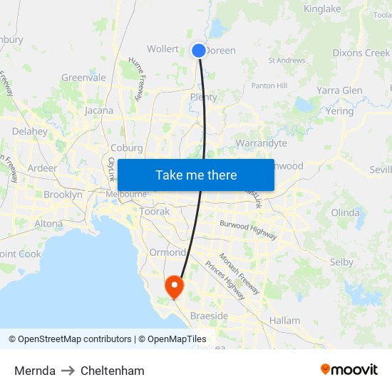 Mernda to Cheltenham map