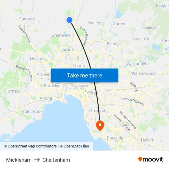 Mickleham to Cheltenham map