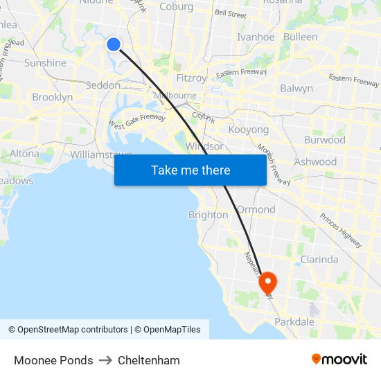 Moonee Ponds to Cheltenham map