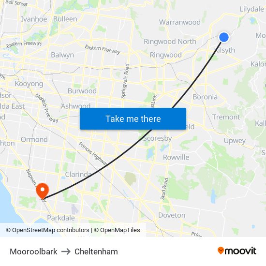 Mooroolbark to Cheltenham map