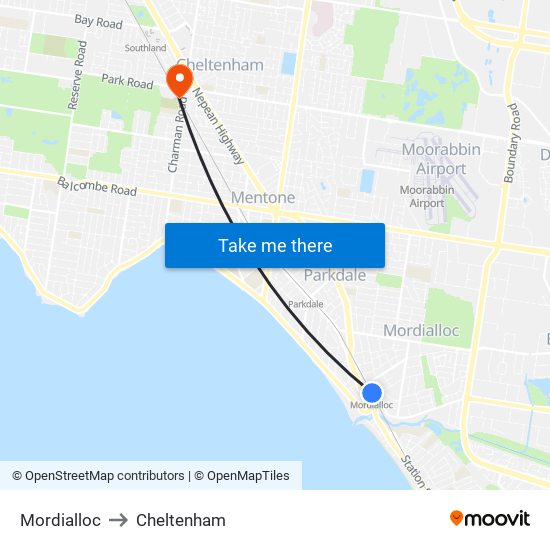 Mordialloc to Cheltenham map