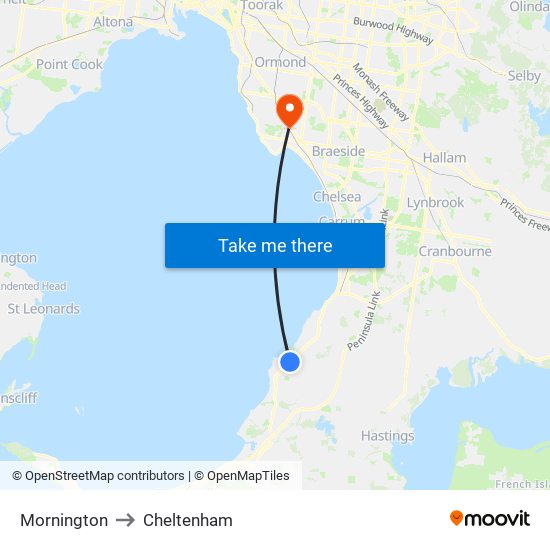 Mornington to Cheltenham map