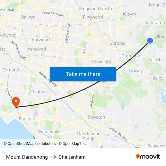 Mount Dandenong to Cheltenham map