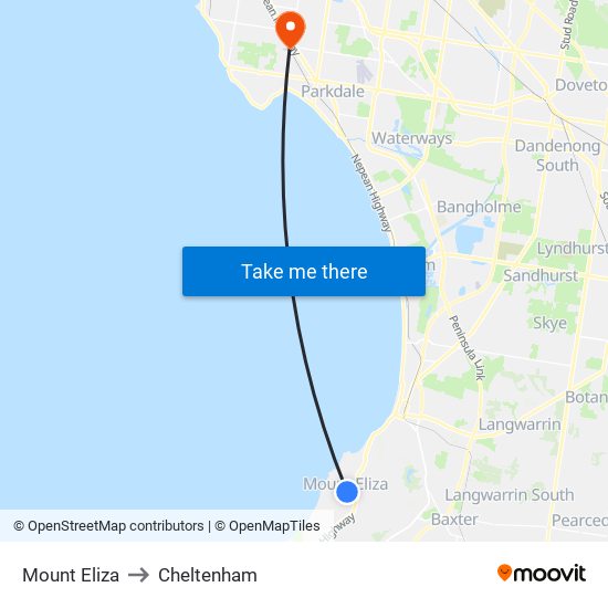 Mount Eliza to Cheltenham map