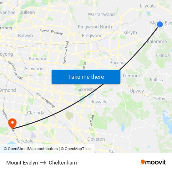 Mount Evelyn to Cheltenham map