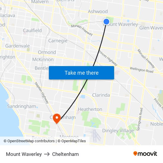 Mount Waverley to Cheltenham map