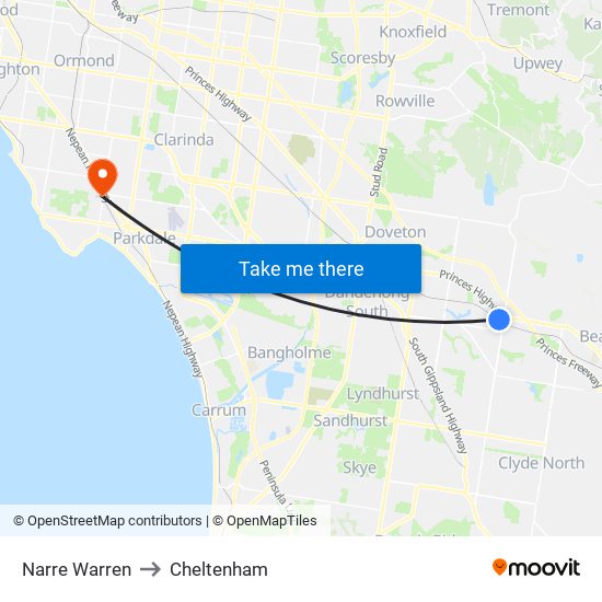 Narre Warren to Cheltenham map