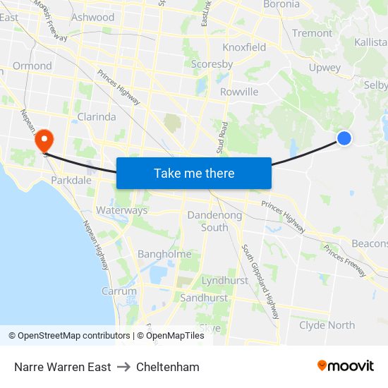 Narre Warren East to Cheltenham map