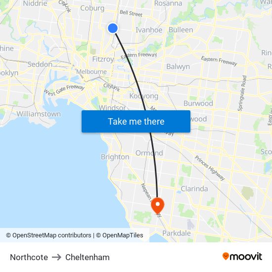 Northcote to Cheltenham map