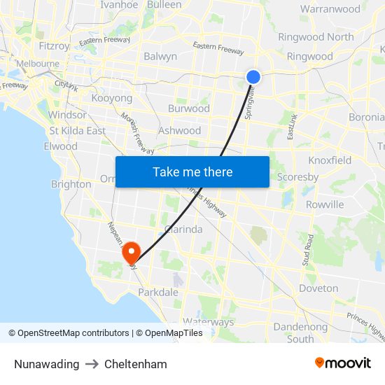 Nunawading to Cheltenham map