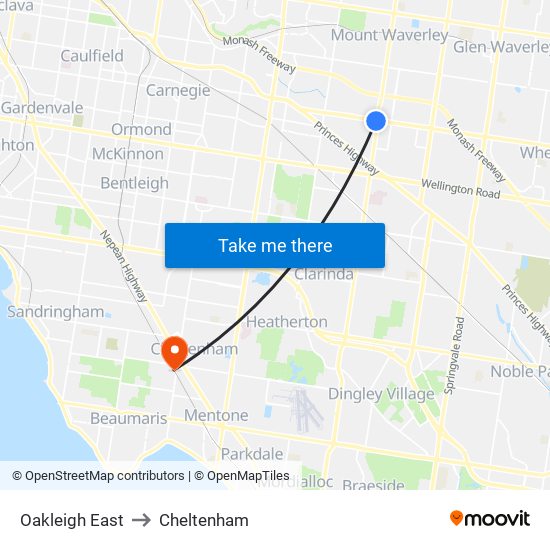 Oakleigh East to Cheltenham map