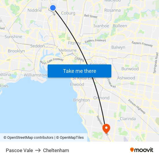 Pascoe Vale to Cheltenham map