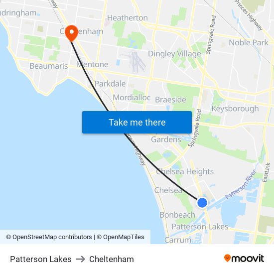 Patterson Lakes to Cheltenham map