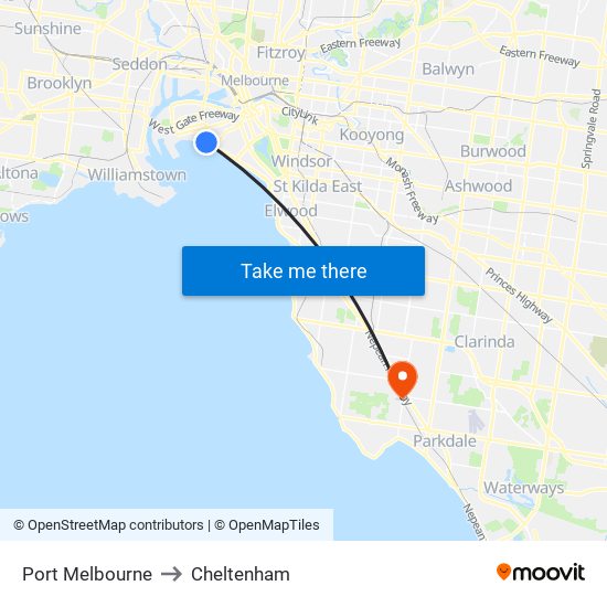 Port Melbourne to Cheltenham map