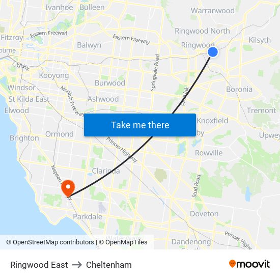 Ringwood East to Cheltenham map