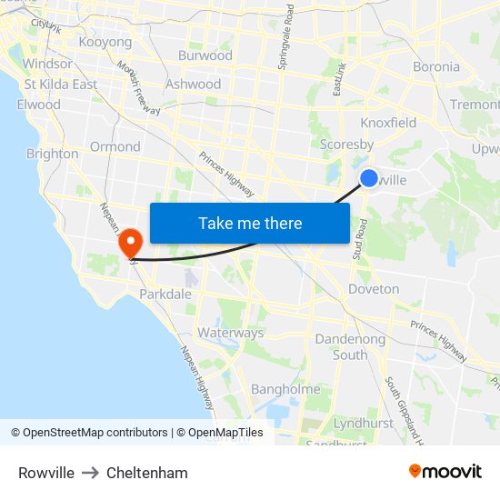 Rowville to Cheltenham map