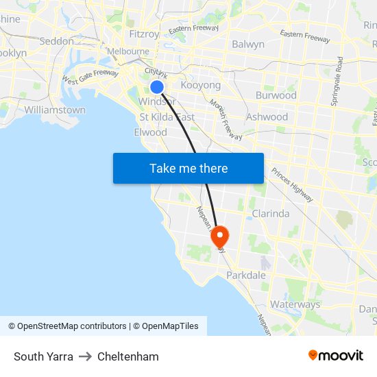 South Yarra to Cheltenham map