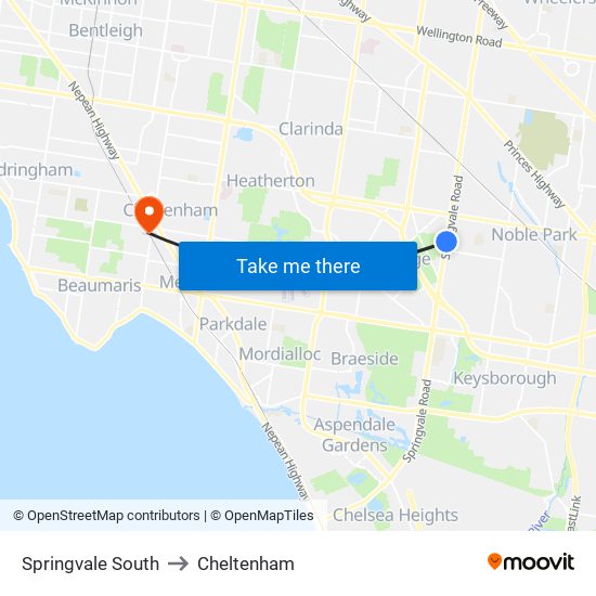 Springvale South to Cheltenham map