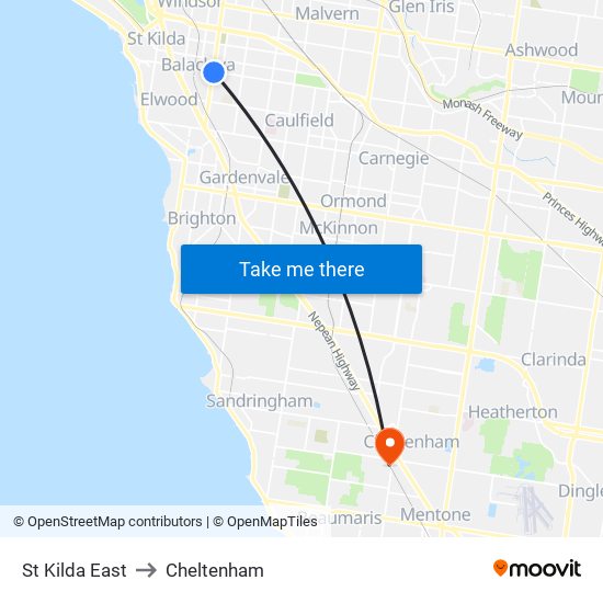 St Kilda East to Cheltenham map