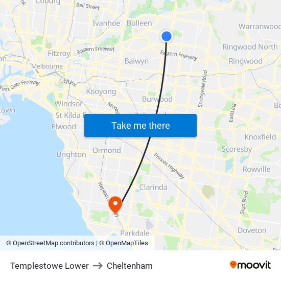 Templestowe Lower to Cheltenham map