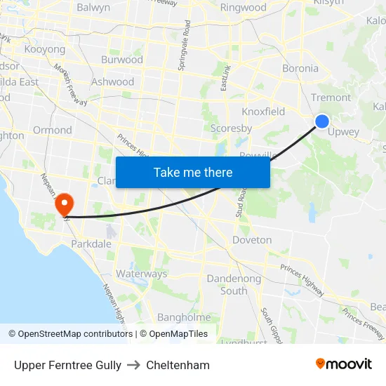 Upper Ferntree Gully to Cheltenham map
