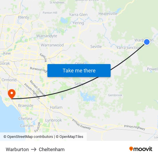 Warburton to Cheltenham map