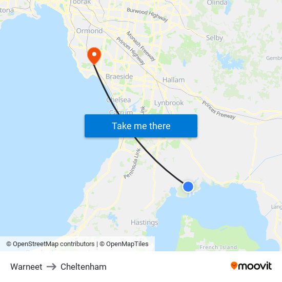 Warneet to Cheltenham map