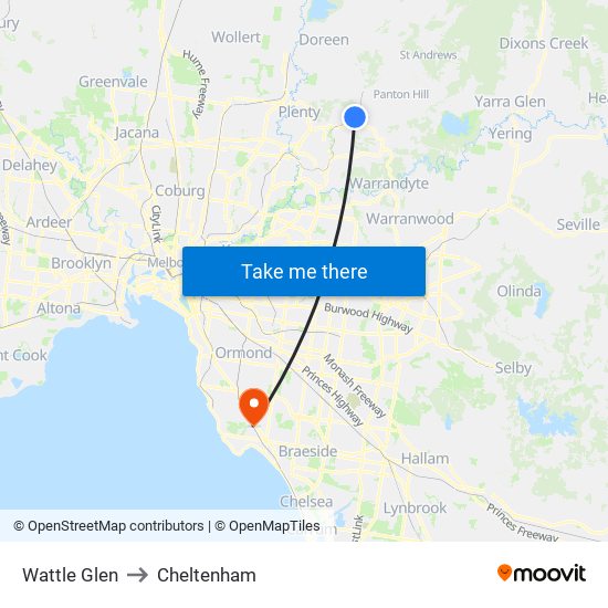 Wattle Glen to Cheltenham map